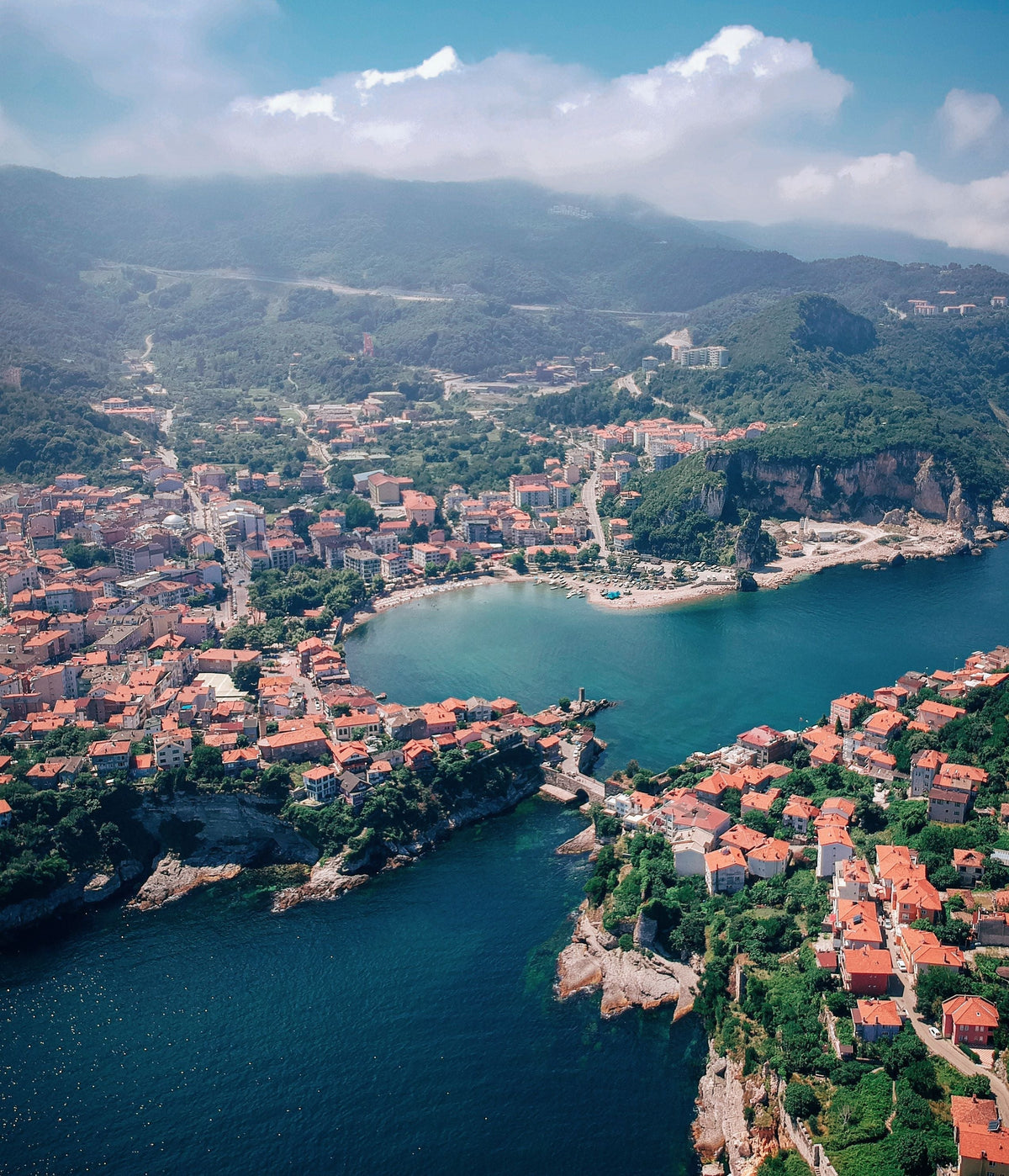 coast from albania from above with view on city